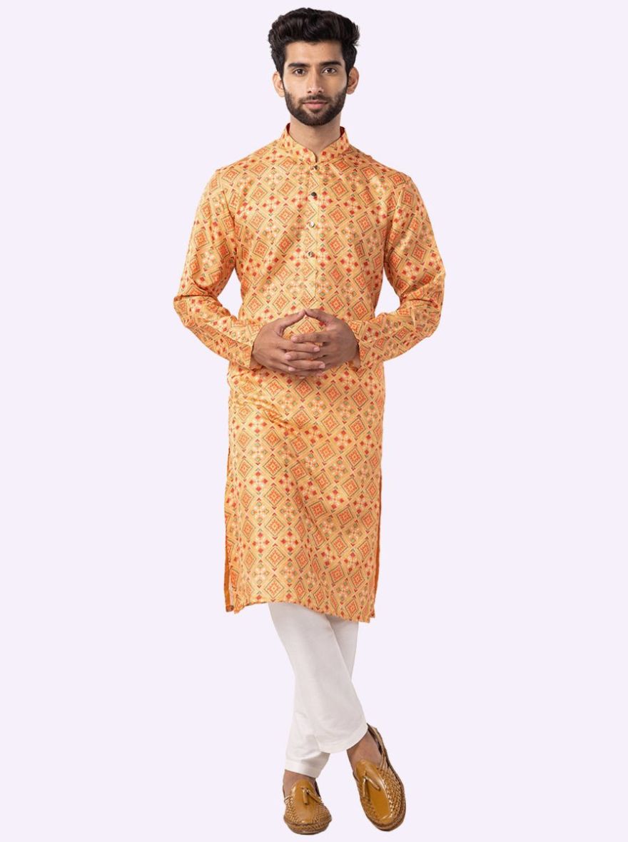 Yellow & Parrot green Cotton Printed Kurta | The Kurta Company