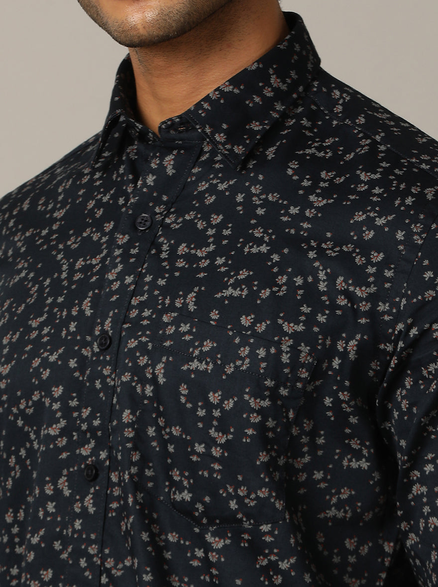 Navy Blue Printed Tailored Fit Semi Casual Shirt | JadeBlue