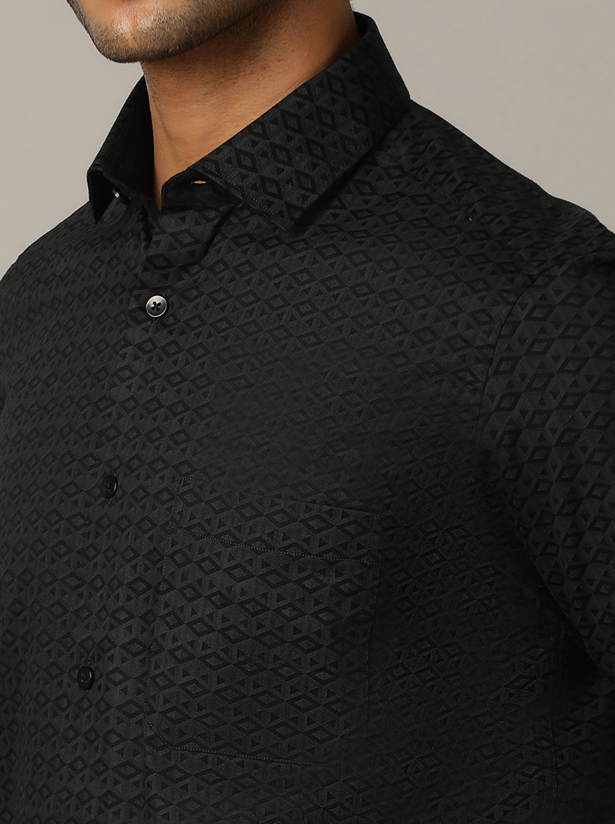 Navy Blue Printed Slim Fit Formal Shirt | Metal