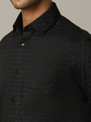 Navy Blue Printed Slim Fit Formal Shirt | Metal