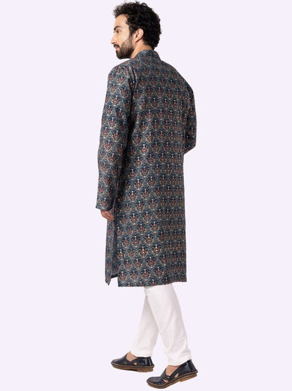 Blue Printed Cotton Silk Blend Kurta | The Kurta Company