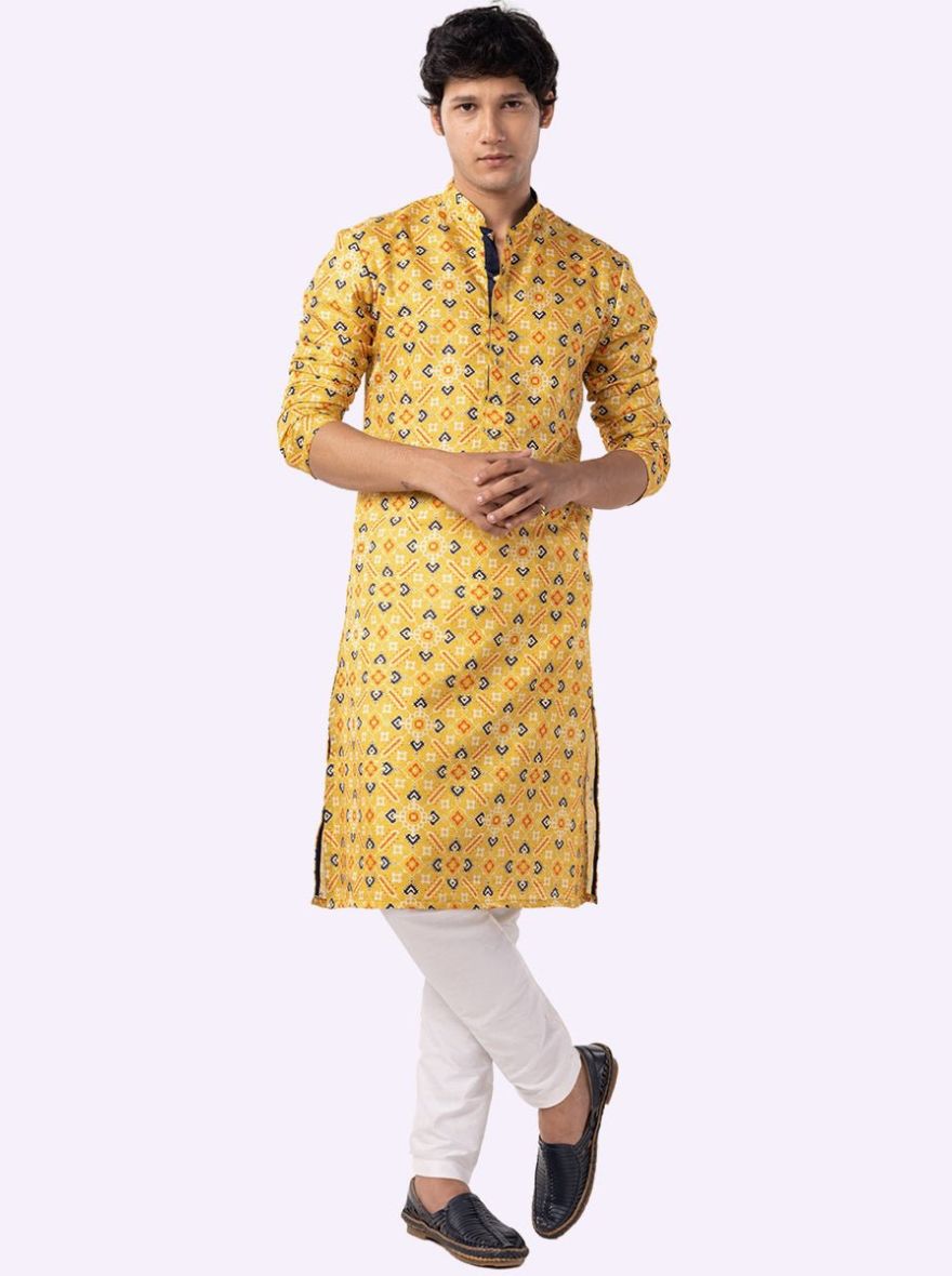 Lemon Yellow Printed Tussar Silk Kurta | The Kurta Company