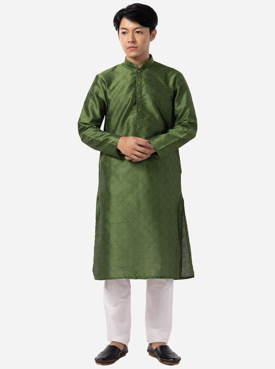 Basil Green Printed Cotton Silk Blend Kurta | The Kurta Company