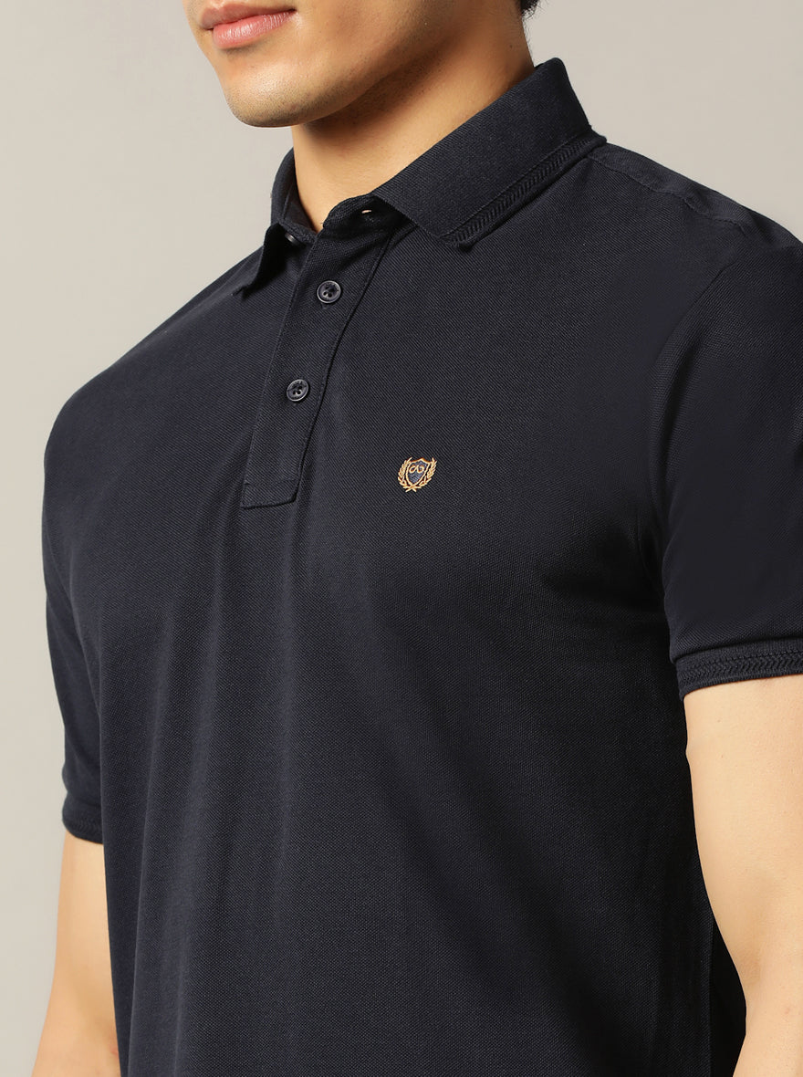 Navy Blue Solid Slim Fit Polo T-Shirt | JadeBlue
