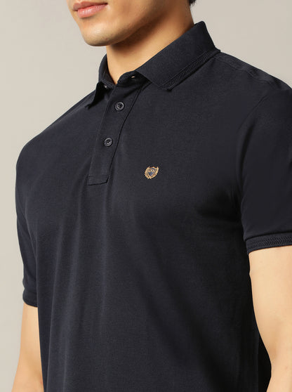 Navy Blue Solid Slim Fit Polo T-Shirt | JadeBlue