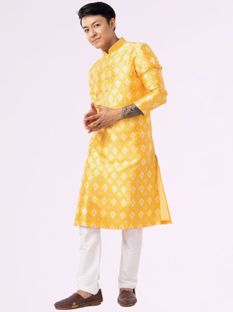 Haldi Yellow Printed Gold Brocade Kurta | The Kurta Company