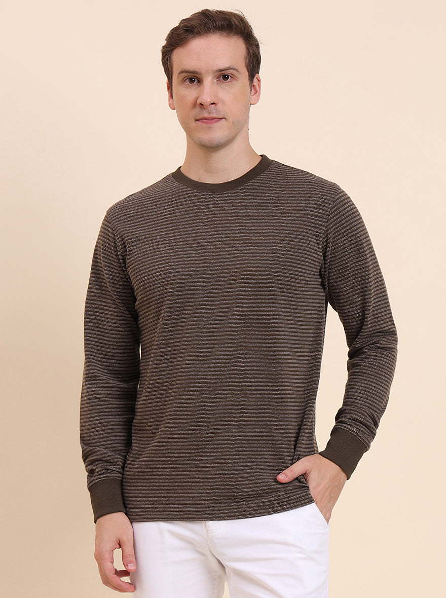 Olive Brown Striped Slim Fit T-Shirt | JadeBlue