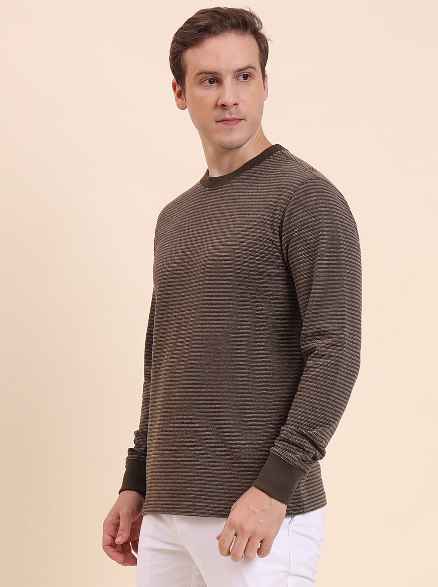 Olive Brown Striped Slim Fit T-Shirt | JadeBlue
