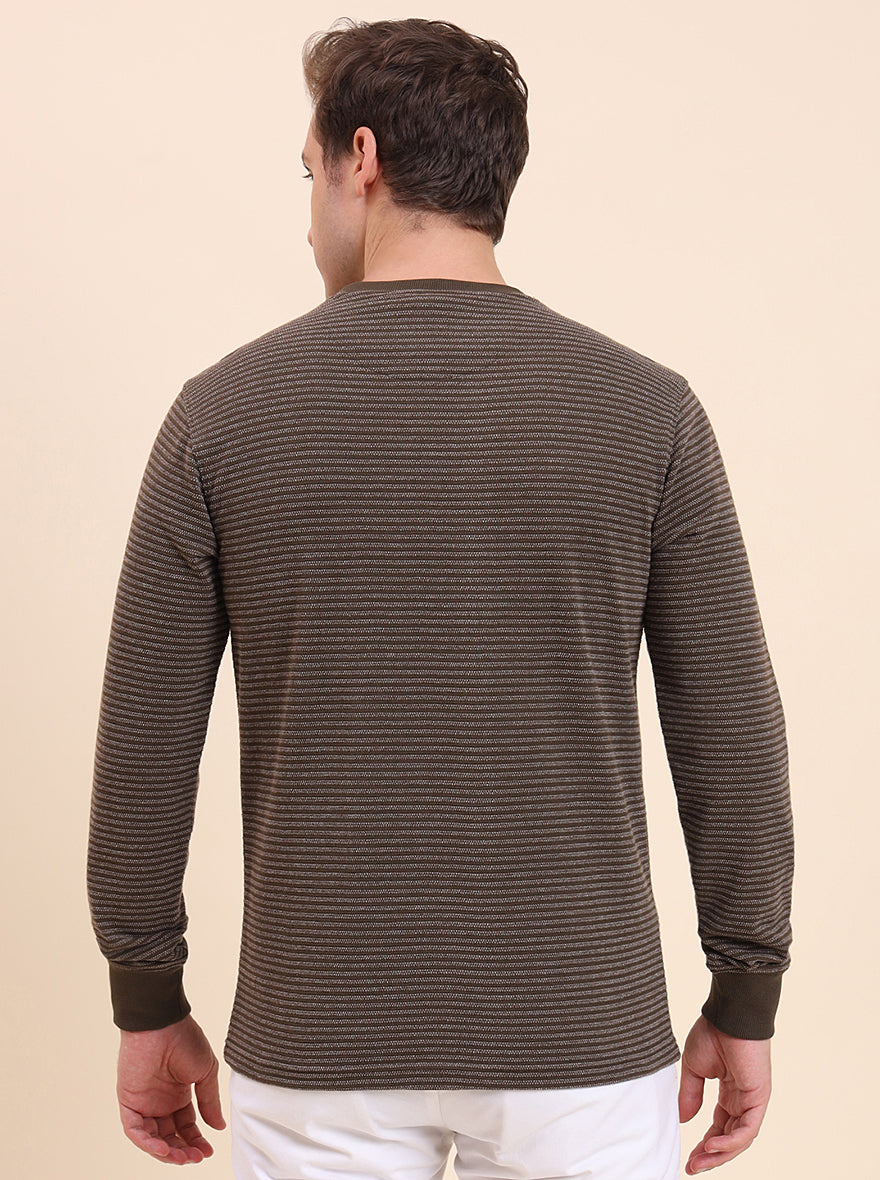 Olive Brown Striped Slim Fit T-Shirt | JadeBlue