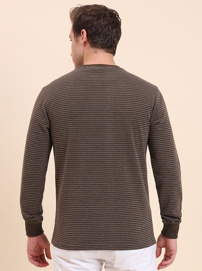Olive Brown Striped Slim Fit T-Shirt | JadeBlue