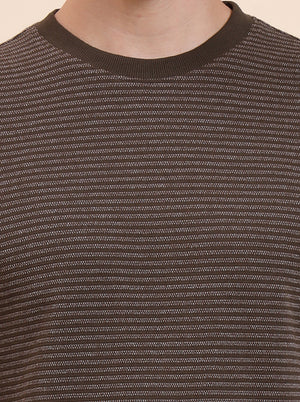 Olive Brown Striped Slim Fit T-Shirt | JadeBlue