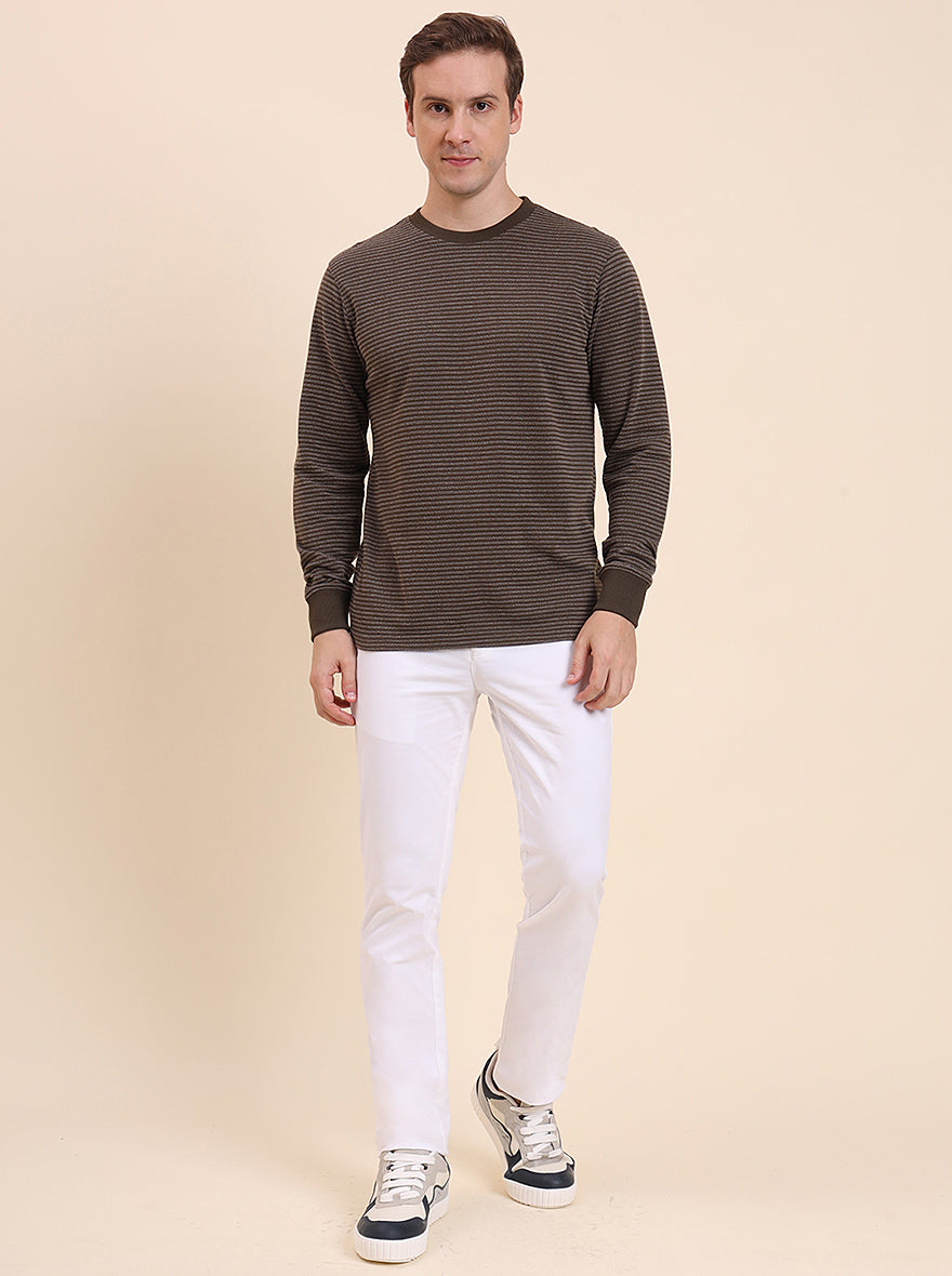 Olive Brown Striped Slim Fit T-Shirt | JadeBlue
