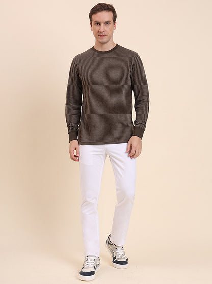 Olive Brown Striped Slim Fit T-Shirt | JadeBlue
