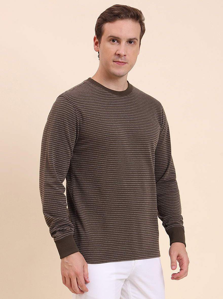 Olive Brown Striped Slim Fit T-Shirt | JadeBlue