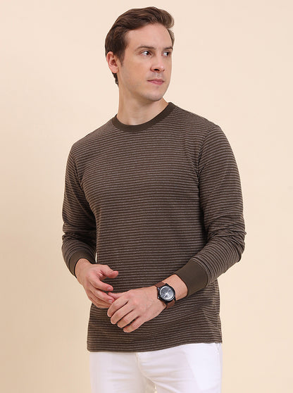 Olive Brown Striped Slim Fit T-Shirt | JadeBlue