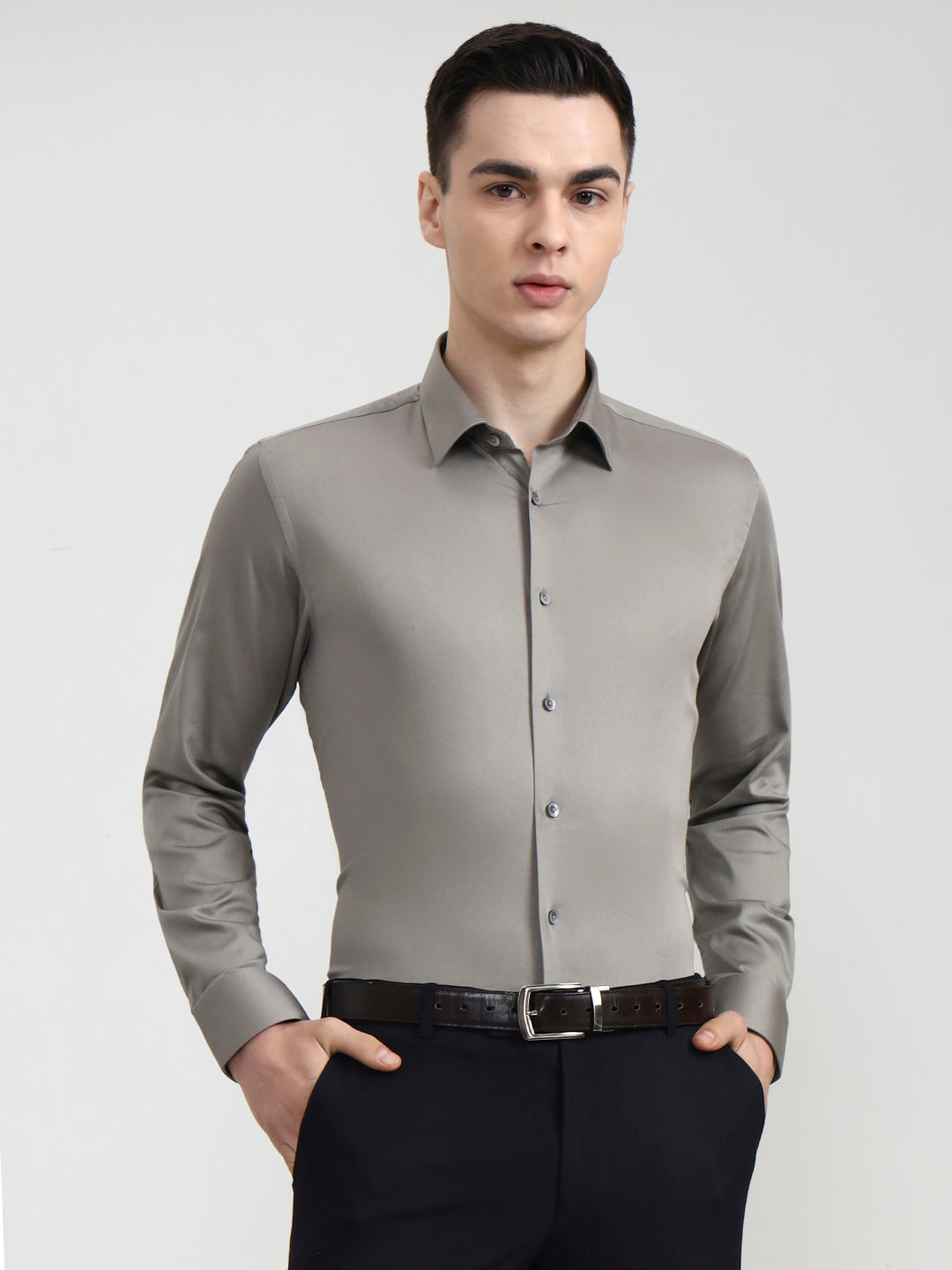 Dark Grey Solid Slim Fit Party Wear Shirt | Wyre
