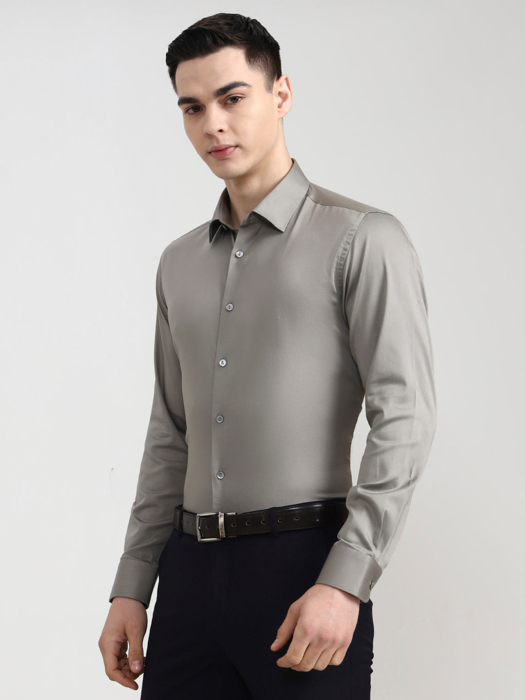 Dark Grey Solid Slim Fit Party Wear Shirt | Wyre