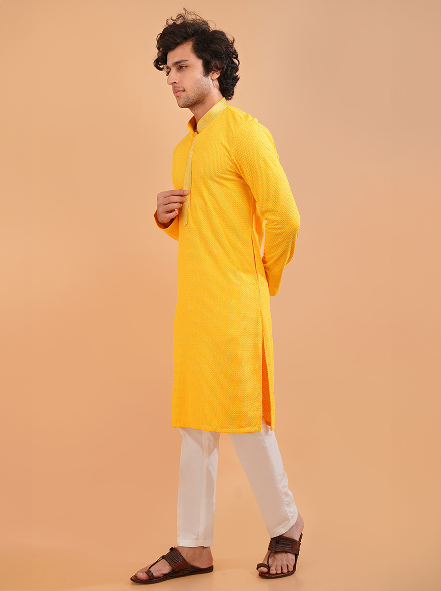 Azania Yellow Silk Blend Embroidered Kurta Pajama | Regular Fit