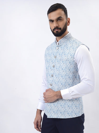 Light Blue Printed Regular Fit Bandhgala Jacket | Greenfibre
