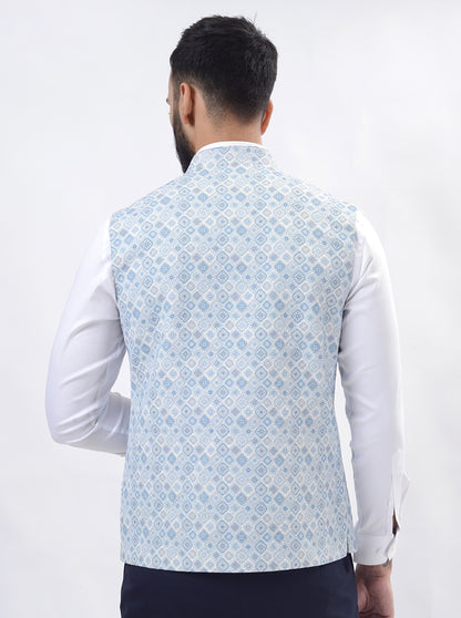 Light Blue Printed Regular Fit Bandhgala Jacket | Greenfibre
