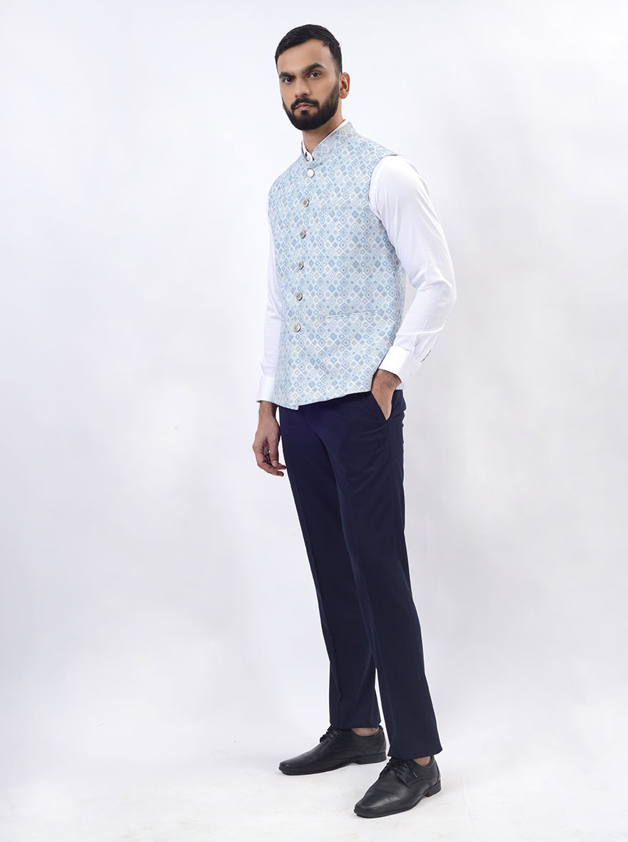 Light Blue Printed Regular Fit Bandhgala Jacket | Greenfibre