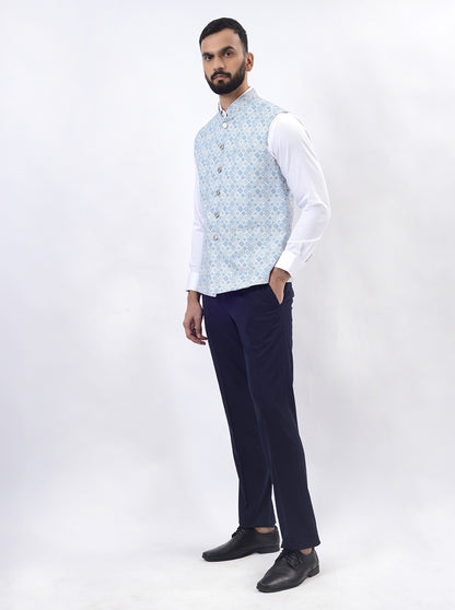 Light Blue Printed Regular Fit Bandhgala Jacket | Greenfibre