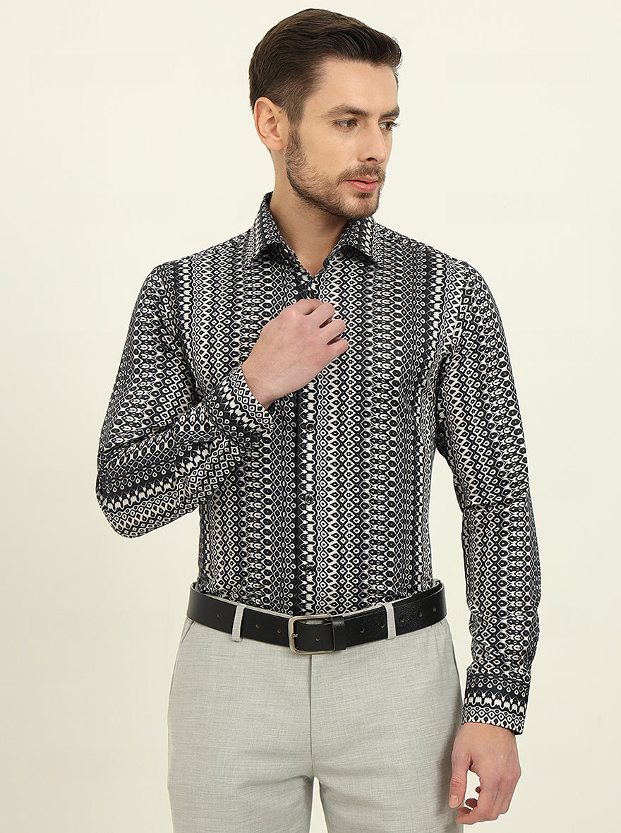 Black & Grey Printed Slim Fit Party Wear Shirt | Wyre