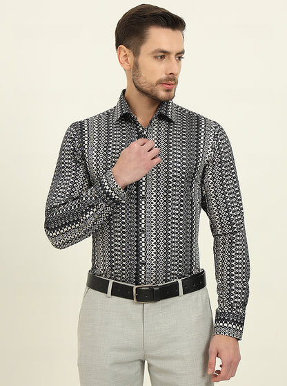 Black & Grey Printed Slim Fit Party Wear Shirt | Wyre
