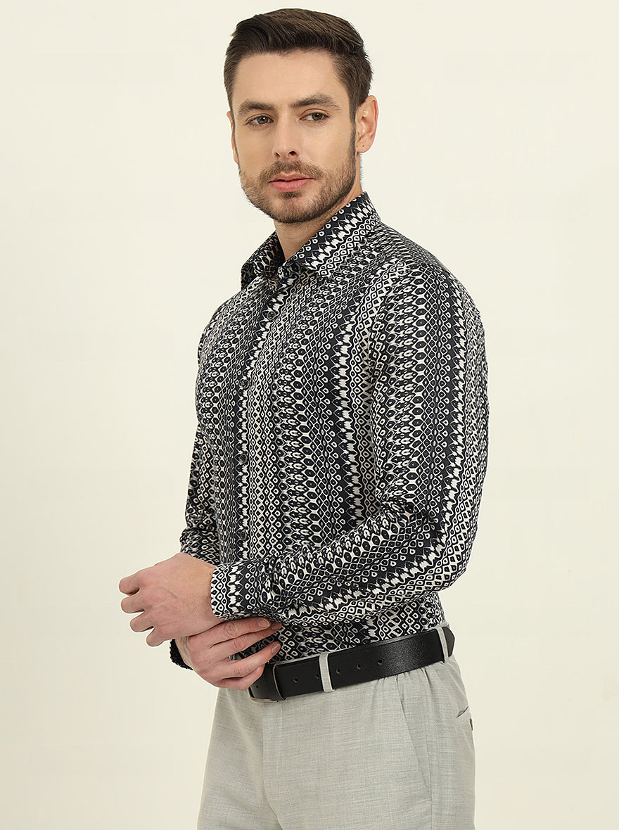 Black & Grey Printed Slim Fit Party Wear Shirt | Wyre