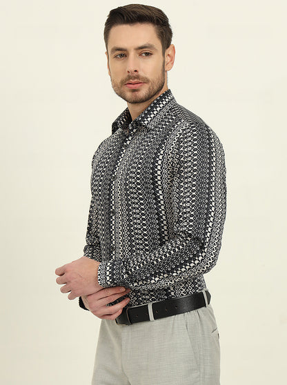 Black & Grey Printed Slim Fit Party Wear Shirt | Wyre