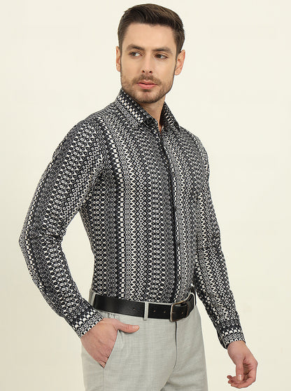 Black & Grey Printed Slim Fit Party Wear Shirt | Wyre