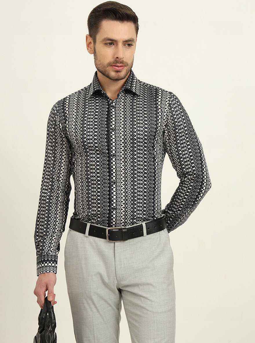 Black & Grey Printed Slim Fit Party Wear Shirt | Wyre