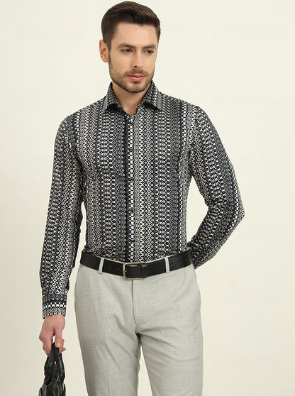 Black & Grey Printed Slim Fit Party Wear Shirt | Wyre