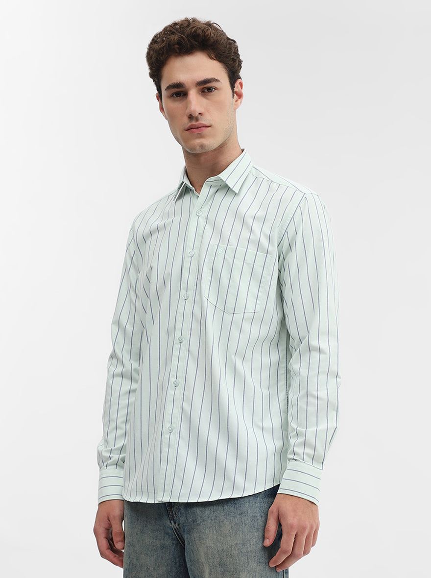 Light Green Striped Smart Fit Semi Casual Shirt | Greenfibre