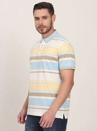 Yellow & Blue Striped Slim Fit Polo T-Shirt | JadeBlue