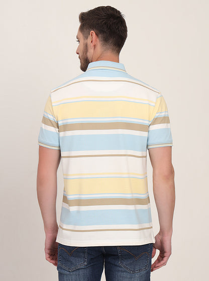 Yellow & Blue Striped Slim Fit Polo T-Shirt | JadeBlue