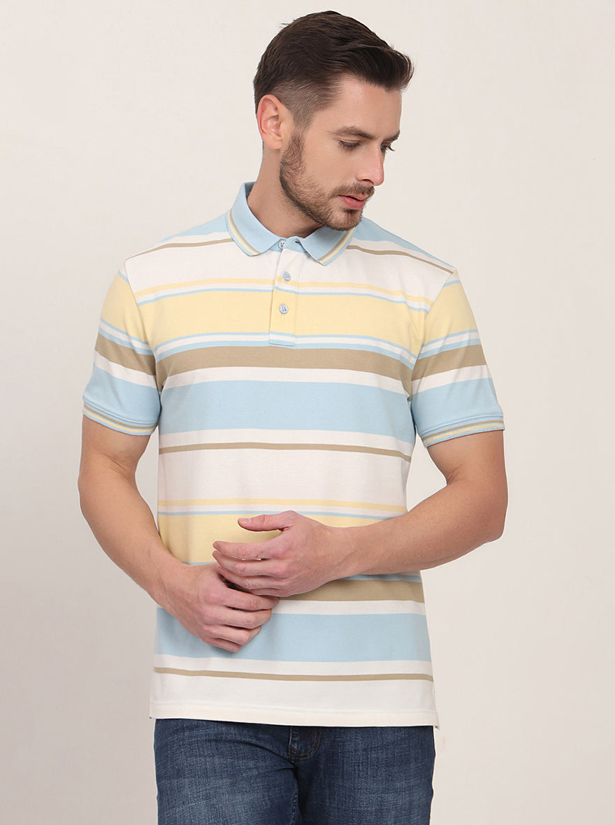 Yellow & Blue Striped Slim Fit Polo T-Shirt | JadeBlue