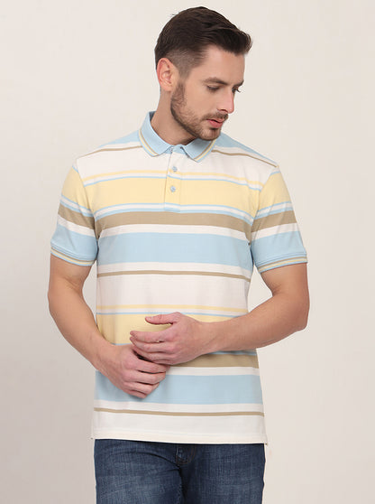 Yellow & Blue Striped Slim Fit Polo T-Shirt | JadeBlue