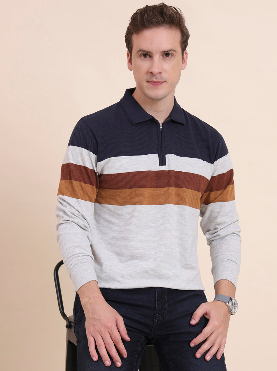 Navy Blue Striped Slim Fit Polo T-Shirt | JadeBlue