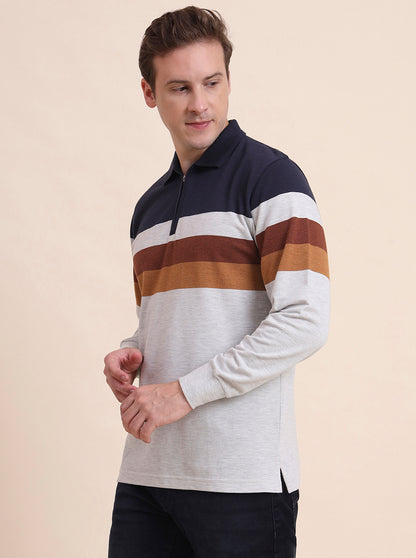 Navy Blue Striped Slim Fit Polo T-Shirt | JadeBlue