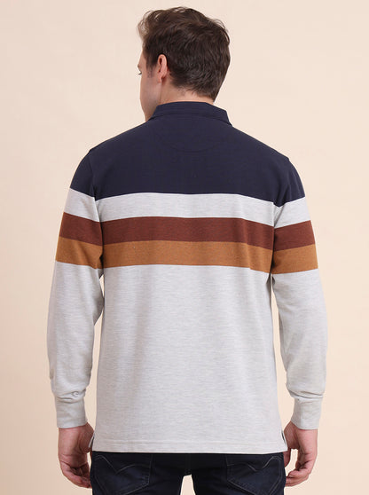 Navy Blue Striped Slim Fit Polo T-Shirt | JadeBlue