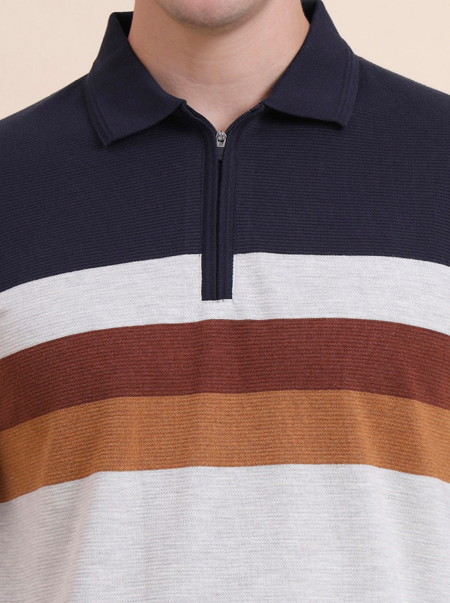 Navy Blue Striped Slim Fit Polo T-Shirt | JadeBlue