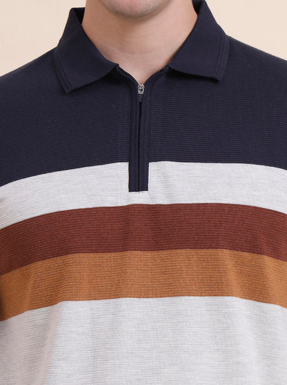 Navy Blue Striped Slim Fit Polo T-Shirt | JadeBlue