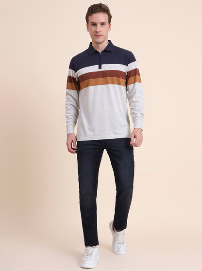 Navy Blue Striped Slim Fit Polo T-Shirt | JadeBlue