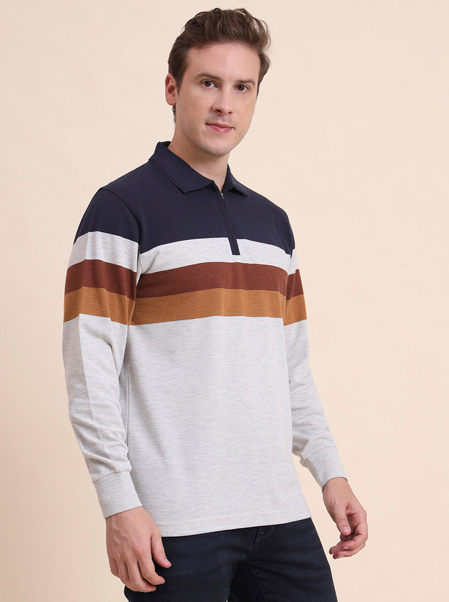 Navy Blue Striped Slim Fit Polo T-Shirt | JadeBlue