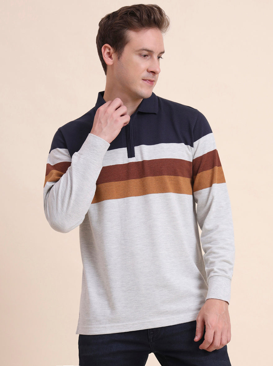 Navy Blue Striped Slim Fit Polo T-Shirt | JadeBlue
