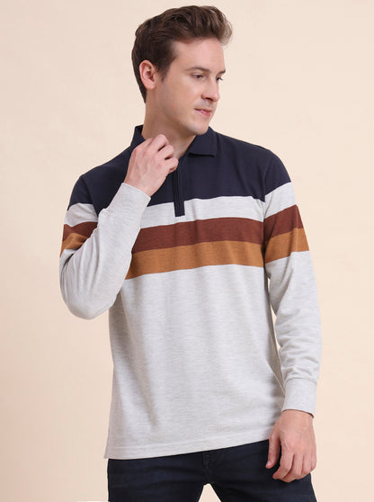 Navy Blue Striped Slim Fit Polo T-Shirt | JadeBlue