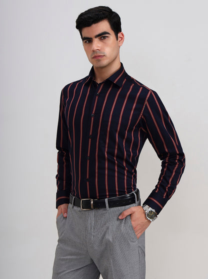 Black & Maroon Striped Slim Fit Formal Shirt | Metal