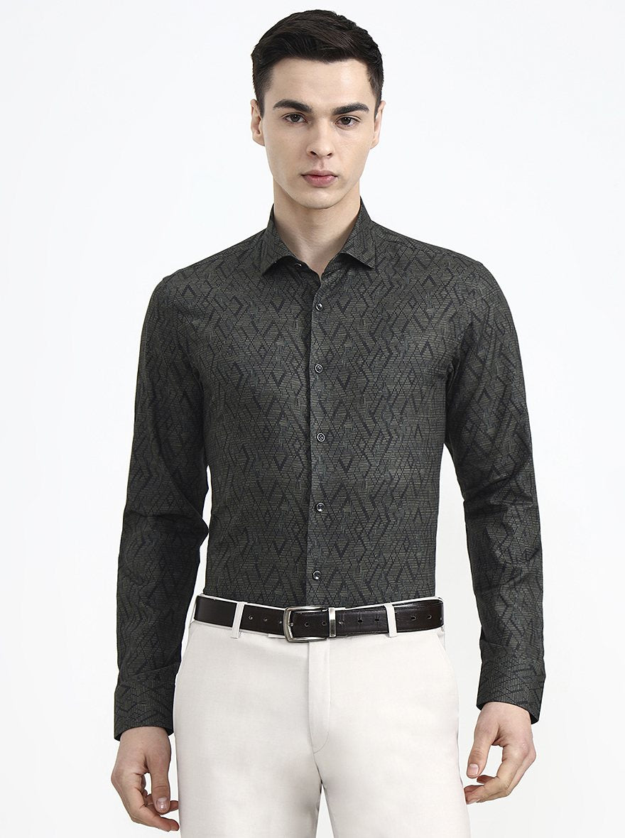 Olive Printed Slim Fit Party Wear Shirt | Wyre