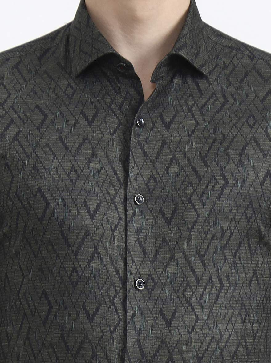 Olive Printed Slim Fit Party Wear Shirt | Wyre